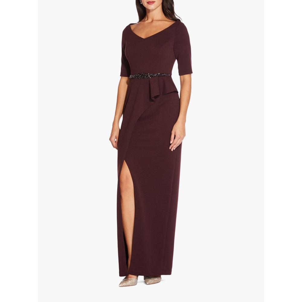 Adrianna Papell Long Knit Embellished Waist Dress, BlackBerry Wine